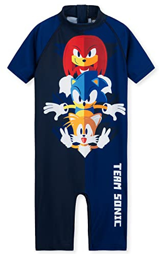 SONIC THE HEDGEHOG Pojkar baddräkt sommar semester nödvändigheter för barn badkläder 3-10 år kortärmad baddräkt för hela kroppen med dragkedja strand pool, Mörkblått, 4-5 År