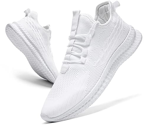 FUJEAK Mens Trainers Shoes Walking Running Gym Slip on Tennis Sneakers Joggers Sport Casual Outdoor Fashion Jogging Shoes Lightweight Breathable Comfortable White Size 7 UK
