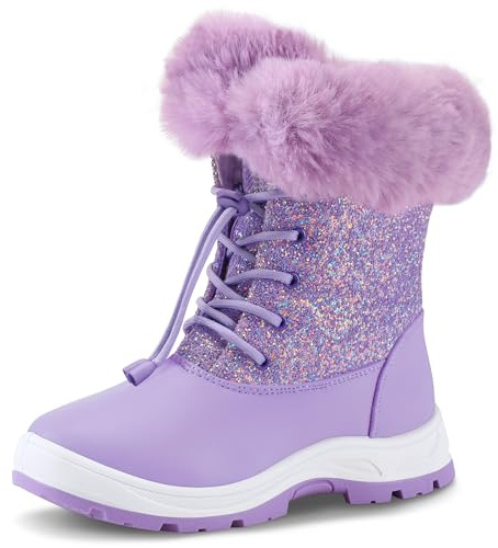 K KomForme Girls Glitter Snow Boots Kids Bungee Lacing Warm Faux Fur-Lined Anti-Slip Outdoor Winter Shoes Purple Big Kid 2M