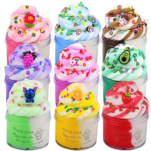 9 Pack Fluffy Cloud Slime Kit, with Rainbow, Grape, Strawberry, Ice Cream, Flower, Lollipop, Blue Slime Charms, Soft and Non-Sticky, Party Favors Fun Stress Relief Toy for Girls and Boys…