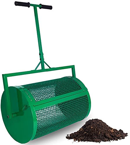 Spargitore di muschio di torba, spargitore di compost da 24, spargiletame in rete metallica con manico lungo regolabile, spargiconcime per prati e giardino, per concime superiore, terriccio, pacciame
