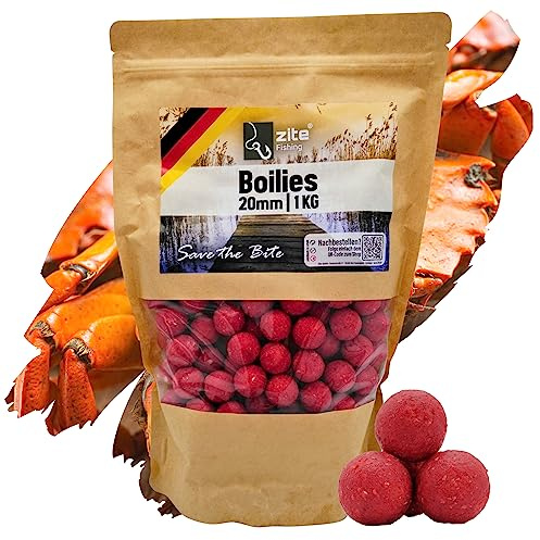 Zite Fishing Boilies Karpfen-Angeln 20mm - Starke Lockwirkung & Wohldosierte Aminosäuren - 1kg Angelköder Sinkend, Wiederverschließbaren Beutel, Hochfängige Aromen-Auswahl, Karpfen Boilies Angelfutter