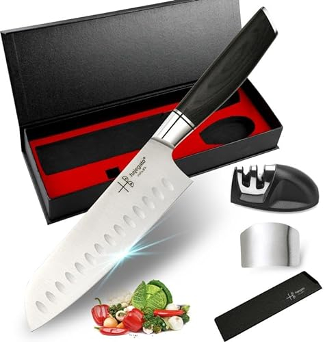 hajegato 7 Super Sharp Chef Knife - Professional Cook Kitchen Knife Set - Japanese Santoku Knives - German High Carbon Stainless Steel EN1.4116 - with Knife Sharpener Finger & Blade Guard Gift Box……