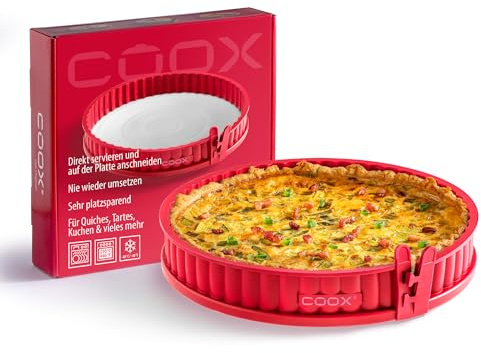 coox Quiche mit Porzellanplatte Ø 26 cm - Backen & Servieren in Einem I Antihaft-Silikon I Spülmaschinenfest I Kein Umsetzen I BPA-frei Rot