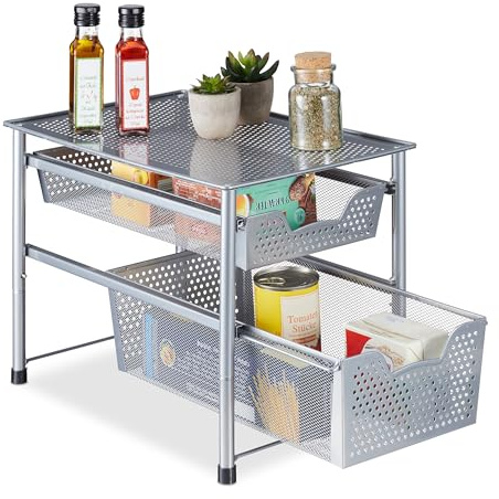 Relaxdays Schubladenregal, stapelbarer Büro Organizer, 2 Ausziehkörbe, HBT: 30x28x42,5 cm, Metall, Küche, Bad, Silber
