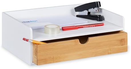 Relaxdays Schreibtisch Organizer, 1 Schublade, DIN A4 Ablage, Bambus, HxBxT: 11 x 32 x 22 cm, Büroorganizer, weiß/Natur