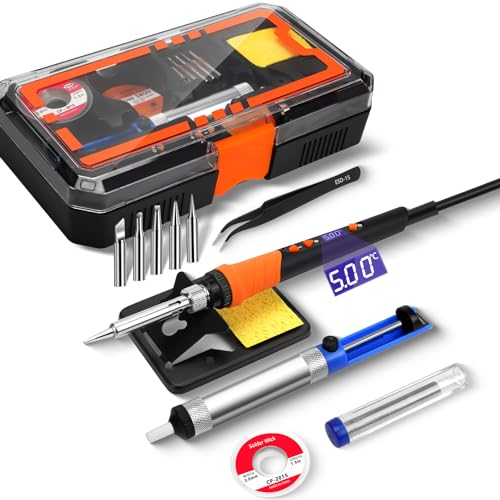 Lötkolben, 90W Lötset, LCD-12-in-1-Lötwerkzeug, einstellbare Temperatur 200–500 °C, mit 5 * austauschbare Lötkolbenspitzen,Entlötdraht,bleifreier Lötdraht, Entlötpumpe,Lötkolbenständer, Schwamm.
