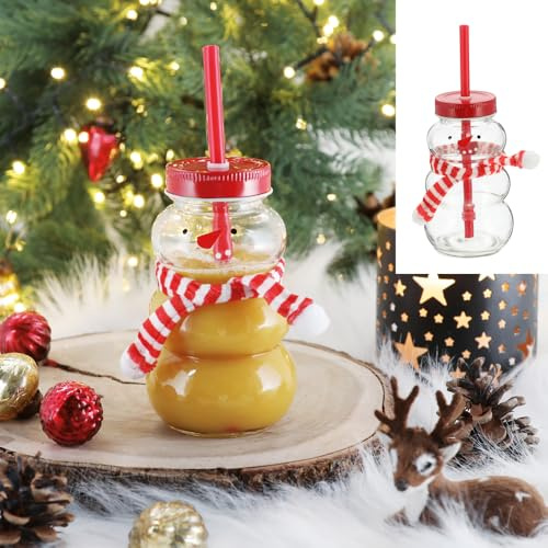 itsisa 4X Trinkglas Schneemann 260 ml mit Deckel und Strohhalm - Trinkgläser Winter Weihnachten, Glas mit Halm, Saftglas