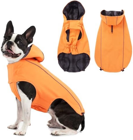 Vejaoo Regenmantel Hund Wasserdicht, Reflektierend Regenjacke mit Kapuze für Hund, Verstellbare Winddicht Regenjacken für Kleine Mittelgroße Groß Hunde Spaziergäng XZ015(Orange,L)