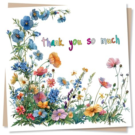 Thank You Card, Thankyou, Thinking of You - Colourful Floral Design - for Friend, Teacher, Family - Made in UK