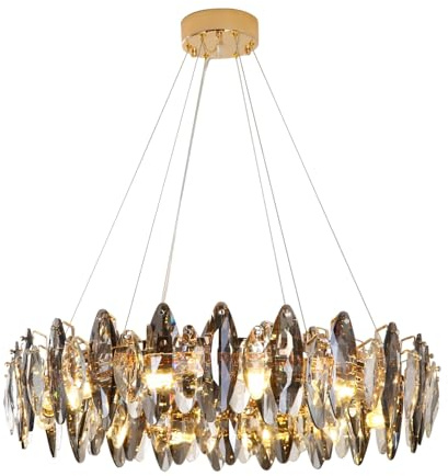 CRABOT LED Abnehmbare E14 Glühbirne Wohnzimmerlampe Vintage Küchenlampen Hängelampe Lampe Schlafzimmer Modern Gold Pendelleuchte Industriel Deckenleuchte Kronleuchter Kristall, 9-Flammig(Runden)