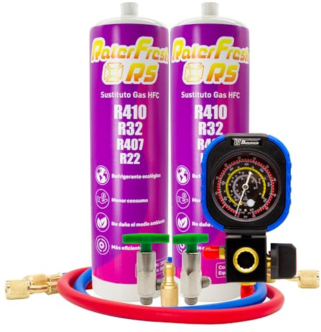 Organisches Kühlgas für Klimaanlagen Split Ralerfresh RS entspricht 950 g Gasersatz R410, R32, R407 und R22 (2 Flaschen + Manometer + Schläuche + Adapter)