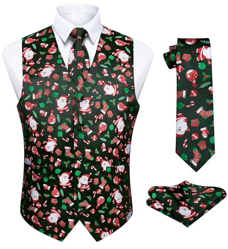 Enlision Rolig väst för män, jul, festlig, glad jultomte, julväst, slips, ficka, fyrkantig näsduk, kostymväst, set, XS-4XL., Svart, XXL