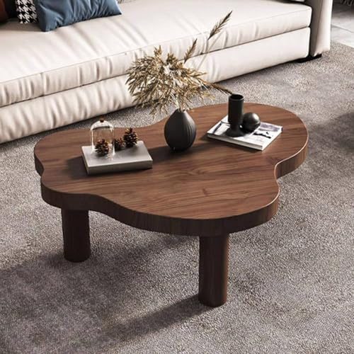 Table Basse Nuage En Bois Massif - Design Irrégulier Avec Coins Ronds, 3 Pieds, Moderne - Pour Salon, Noyer - 80x55x40cm