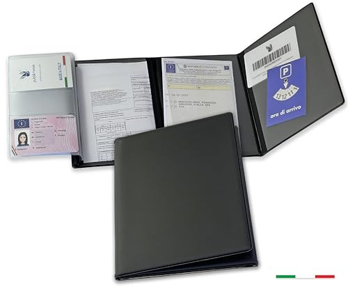 Pubblimania Dokumentenhalter für Auto Motorrad, 3 Türen + Kartenhalter, hergestellt in Italien, für Broschüre, Karte, Versicherung, Stempel oder Reisedokumente (schwarz)