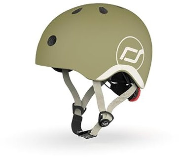 Scoot and Ride & Kid - Casco para niños de tamaño pequeño a pequeño (51-55 cm), Ajustable, diseño Ligero, ventilación Transpirable, Hebilla magnética, Certificado de Seguridad, Color Verde Oliva