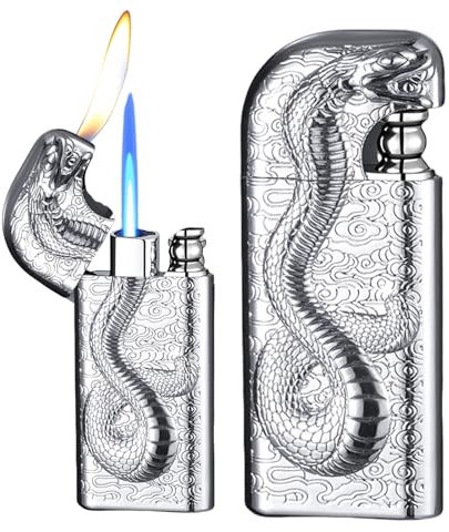 2 mecheros de tormenta, encendedor de tormenta, llama jet, mechero personalizado, cabeza de serpiente, mechero de tormenta de gas rellenable, sin gas (plateado)