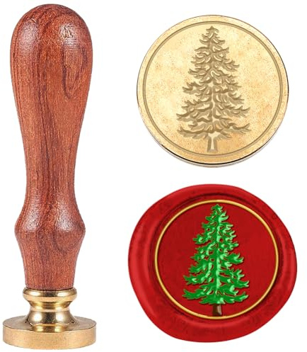 DELORIGIN 3D Kiefernbaum Wachssiegelstempel Vintage Siegelstempel 25mm Abnehmbarer Messingkopf Siegelstempel Mit Holzgriff Für Umschlag Karte Brief Einladung Geschenkdekor
