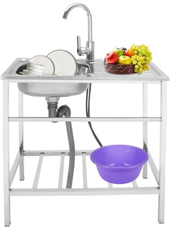 Lavandino in acciaio inox, lavandino mobile da cucina, lavandino a mano con rubinetto banco da lavoro lavello per ristorante lavanderia campeggio