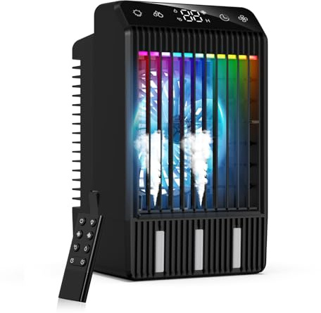 Climatiseur Mobile avec Ecran, 1000 ml Refroidisseur D'air, 4-EN-1 Ventilateur Humidificateur Mini Clim avec Double Pulvérisation et Lumière, 4 Vitesses de Synchronisation Climatiseurs Portables