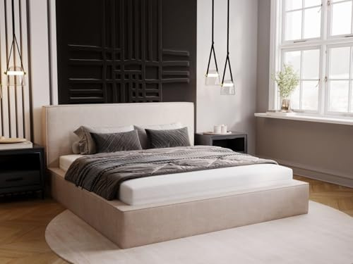 GRAINGOLD Monaco Bett 180x200, Polsterbett mit Bettkasten, Polsterbett mit Stauraum, Velour, mit Lattenrost, mit Kopfteil, ohne Matratze (Beige, 180x200)