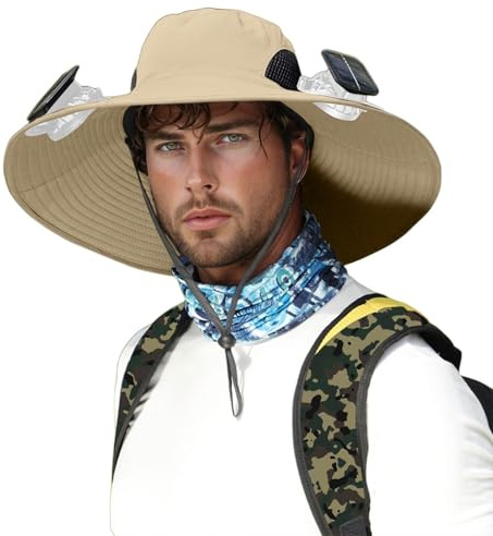 Générique Chapeau De Soleil avec Ventilateur Solaire, Large Bord Extérieur Chapeau De Soleil Extérieur À Large Bord avec 2 Ventilateurs Solaires pour Hommes Femmes UPF 50 Détachable
