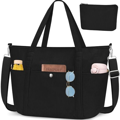 WACCET Tasche Damen aus Cord, Tote Bag mit Reißverschluss Groß Handtasche Damen Umhängetasche mit verstellbarem Schultergurt Shopper Tasche für Arbeit Uni Reisen Alltag