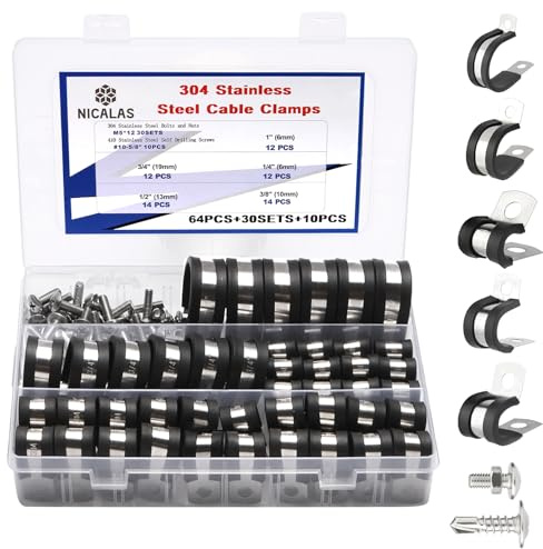 134 PCS Cable Clamps Assortment Kit and Stainless Steel Screws,304 Stainless Steel Rubber Cushioned Insulated Wire P Clamps 5 Sizes:1/4 3/8 1/2 3/4 1