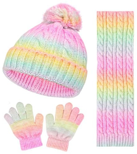 Kunyeah Conjunto gorro bufanda y guantes para niños pequeños Manoplas punto forro polar y gorro protector para el cuello para niños y niñas 3 a 10 años. (Bufanda, Rosa-amarillo1)