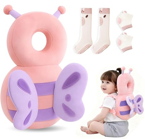 Baby Head Protector Backpack, Adjustable Size Head Protection for Baby, Soft Pillow with Crawling Non Slip Grip Socks ＆ Knee Pads for Baby Learning Walking