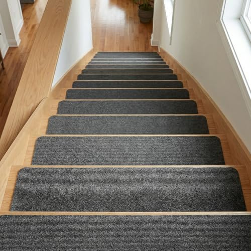 Makdly 15PCS Non Slip Stair Treads, 76x20cm Stair Runner Carpet for Wooden Steps, Anti-Slip Stair Mats Pads with Self-Adhesive Backing, Soundproof Step Protectors for Kids, Elders, Pets - Grey