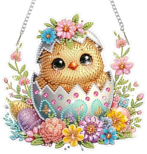 HEIBAGO Kits colgantes de diamantes para colgar flores de pollito de Pascua, kits de adornos colgantes de pintura de diamantes para adultos, bricolaje 5D con forma especial de diamantes de cristal