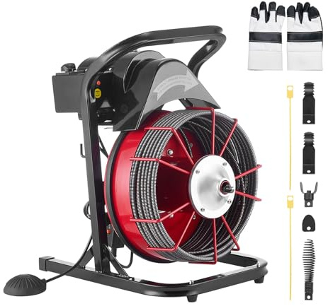 VEVOR Drain Cleaner Machine 75 FT x 1/2 Inch, Sewer Snake Auger Manual Feed with 4 Cutters & Air-activated Foot Switch for 2 to 6 Pipes