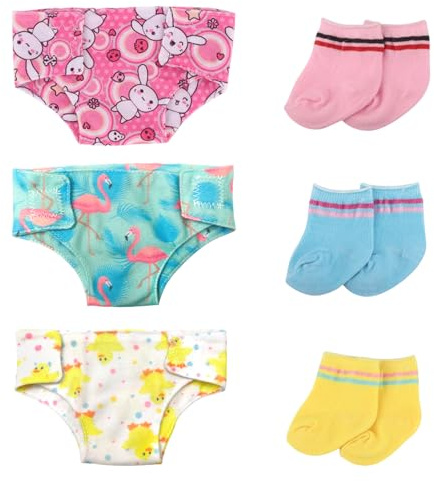 3 Puppenwindeln 3 Paar Puppensocken für Baby Puppen 35-43 cm, 6 Stück Süßes Puppenzubehör, Wiederverwendbar PuppenWindel Socken für 14-17 Puppen, 3 Verschiedene Muster und Stile Geschenke für Kinder