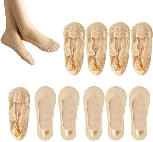 10 Pair No Show Lace Socks Women, Invisible Socks for Ballet Flats Pumps | Non Slip Low Cut Boat Sock for Loafers Sneakers, Nude Ladies Footsies Liner Sock for Commuting Office Work Travel Daily Wear