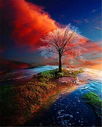 YEESAM ART Malen nach Zahlen Erwachsene Kinder, Baum des Lebens Sonnenuntergang Glow 40x50 cm Leinen Segeltuch, DIY ölgemälde Weihnachten Geschenke