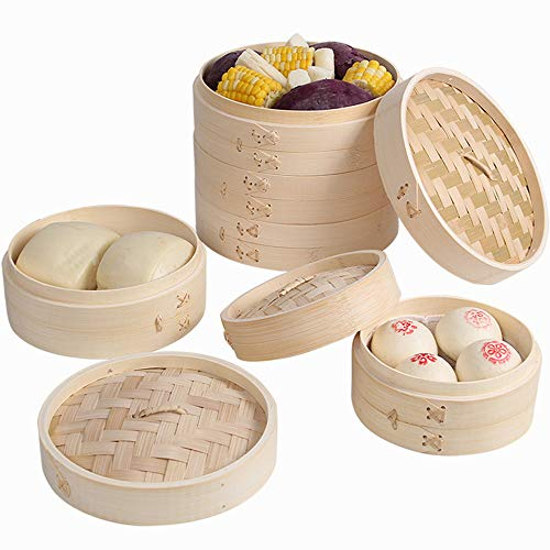 Bambus-Dämpfkorb, 2 Etagen, Holzdampfgarer, natürlicher Bambus, Küchenhelfer für asiatische Kochen, Brötchen, Teigtaschen, Gemüse, Fisch, Reis 15 cm