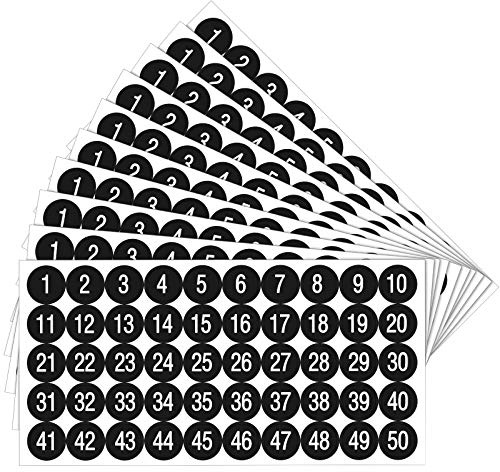 10 Fogli da 1 a 50 Adesivi Numerici Autoadesivi Impermeabili con Numeri Consecutivi in Vinile per Classificazione d'Inventario Etichette per Interni ed Esterni (Nero, 1 Pollice)