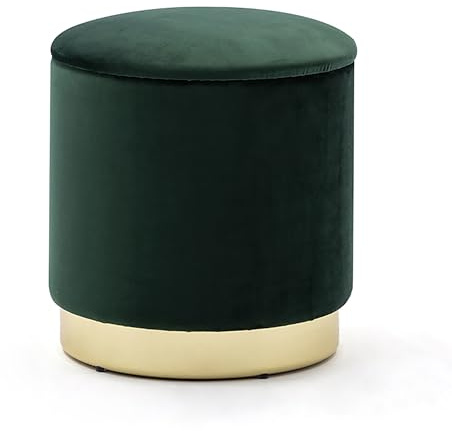 HNNHOME 37cm Round Velvet Ottoman Storage Box with Lid, Pouffe Seat Chair, Living Room Footstool, Bedroom Dressing Stool with Gold Plating Base (Dark Green)