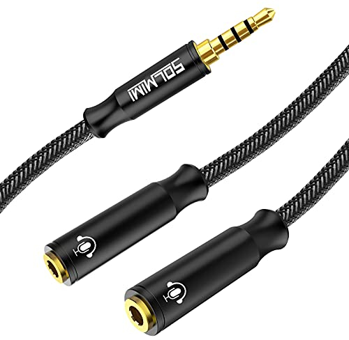 SOLMIMI 3.5mm TRRS Headset Splitter 4 Pole Stecker auf 2 TRRS Buchse Audio Stereo Y Klinke Adapter mit Kristall Nylon Geflecht für Kopfhörer, Mikrofon, PC, Handy, Xbox, PS4, PS5 und mehr - 0.3M