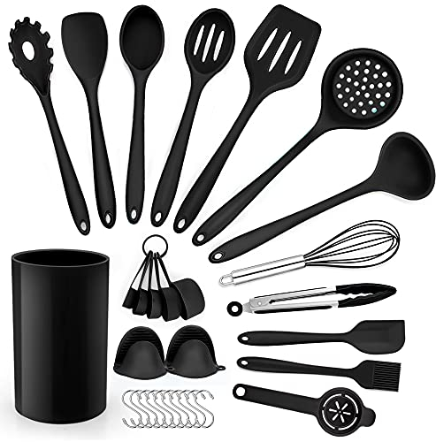 Herogo Silicone Kitchen Utensil Set, 30 Piece Cooking Utensils with Holder, Heat Resistant Kitchen Tools Set for Non-Stick Cookware Pans, Turner Spatula Whisk Tong 10 Hooks, Dishwasher Safe - Black