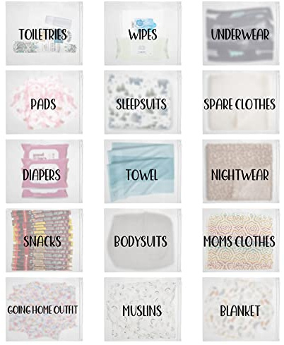 15-pack sjukhusväskor för arbete och leverans, 28 x 35 cm moderskapssjukhusväska nödvändigheter för mamma pappa nyfödd baby, blöjväska organiseringsfickor förförpackad väska första gången ny mamma