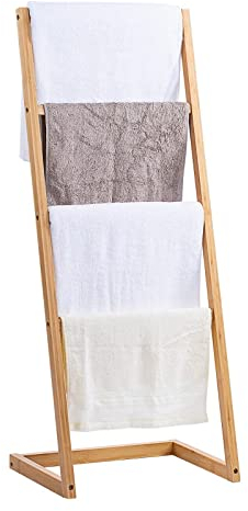Vencier Bamboo Freestanding Towel Rack Drying Stand with Four Hanging Rails Wooden Bathroom Clothes Rack Clothing & Towels Freestanding Holder