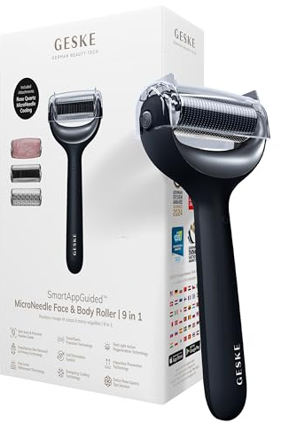GESKE MicroNeedle Face & Body Roller | 9-in-1 Derma Roller | SmartAppGuided™ | Elektrisches Microneedling-Gerät | Nadelroller | Beauty Roller für Gesicht und Körper
