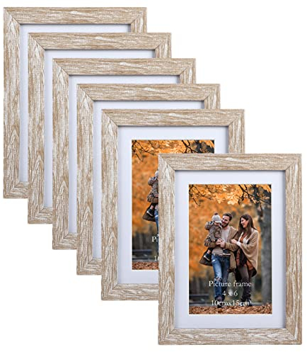 EYMPEU Marco de fotos de 10 x 15 cm, juego de 6 unidades, adecuado para imágenes de 10 x 15 con paspartú o 13 x 18 sin paspartú, para pared y mesa, color beige