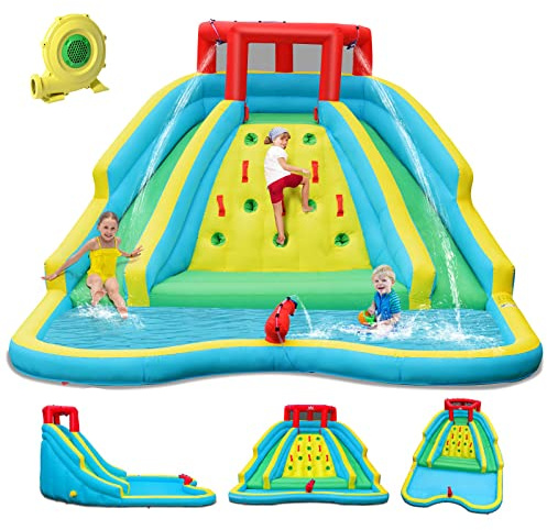 GOPLUS Castillo Hinchable para Niños, Hinchable Grande con Ventilador con Zona de Salto de Pared de Escalada y Tobogán para Fiesta del Agua de Verano, Adecuado de 3 a 10 Años, ‎452 x 366 x 229 cm