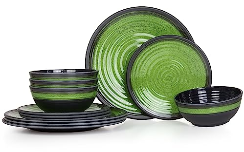 Moritz Vaisselle de table de camping en mélamine pour 4 personnes - 12 pièces - Passe au lave-vaisselle - Service de pique-nique - Vaisselle de camping - Design vert pierre
