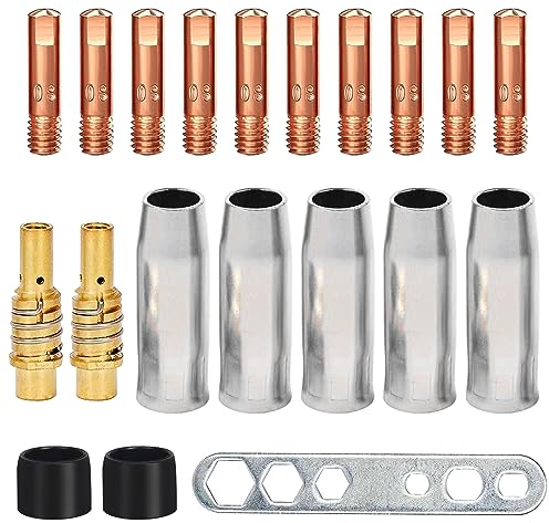 Verschleißteile Set, 20 Stück Schweißzubehör, MIG/MAG Schweißbrenner Set, Verschleißteile Set für MIG/MAG MB15AK, 5 x Gasdüse 2 x Düsenstock 10 x Stromdüse M6 0,8mm 2 x Isolator 1 x Werkzeug