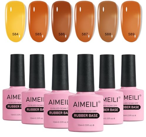 AIMEILI 5-i-1 gummibas gel set för naglar, genomskinlig rosa nude färg gel nagellack UV LED blötläggning, elastisk nagelförstärkare långvarig 6 st x 10 ml – presentpaket 53