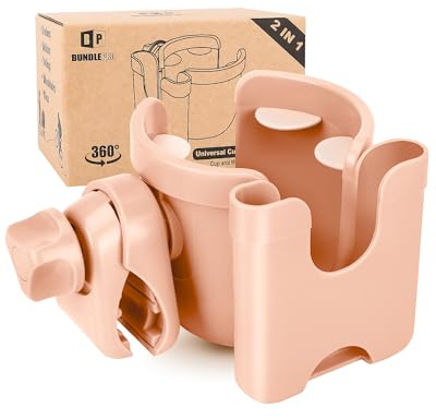 Portavasos universal para cochecito con funda para teléfono móvil, estante de almacenamiento 2 en 1, soporte de bebidas de rotación de 360 grados para bicicleta, cochecito, silla de ruedas, andador,
